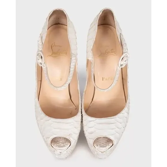 Christian Louboutin White Snakeskin Peep Toe Pumps Sz.37.5 - Picture 2 of 5